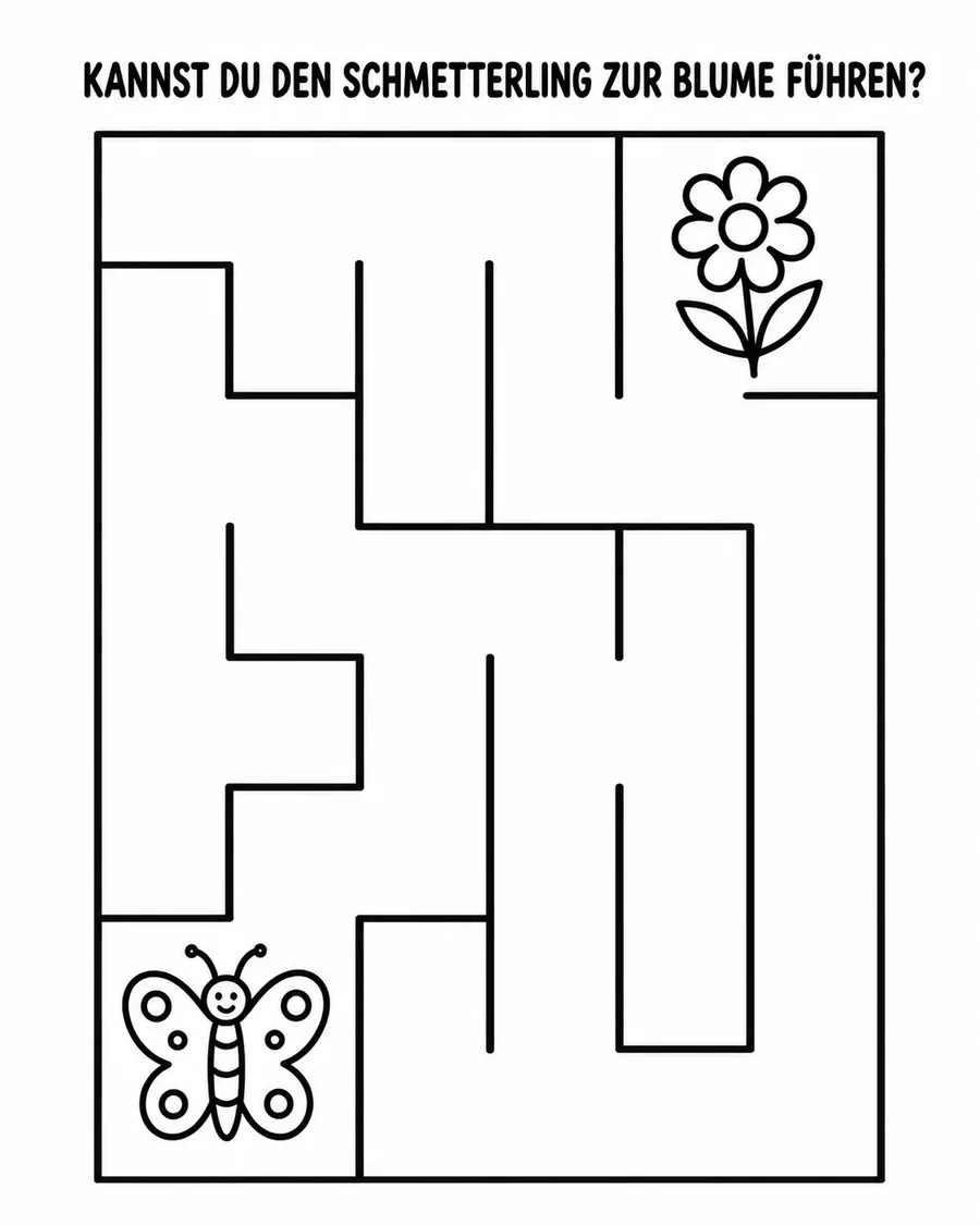 Eine Labyrinth-Seite zum Ausdrucken mit der Überschrift KANNST DU DEN SCHMETTERLING ZUR BLUME FÜHREN?, unten links ein Schmetterling, oben rechts eine Blume
