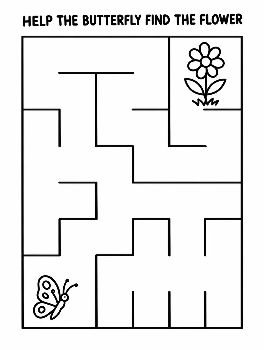 A printable maze page captioned HELP THE BUTTERFLY FIND THE FLOWER, with a butterfly drawn in the bottom-left corner and a flower in the top-right