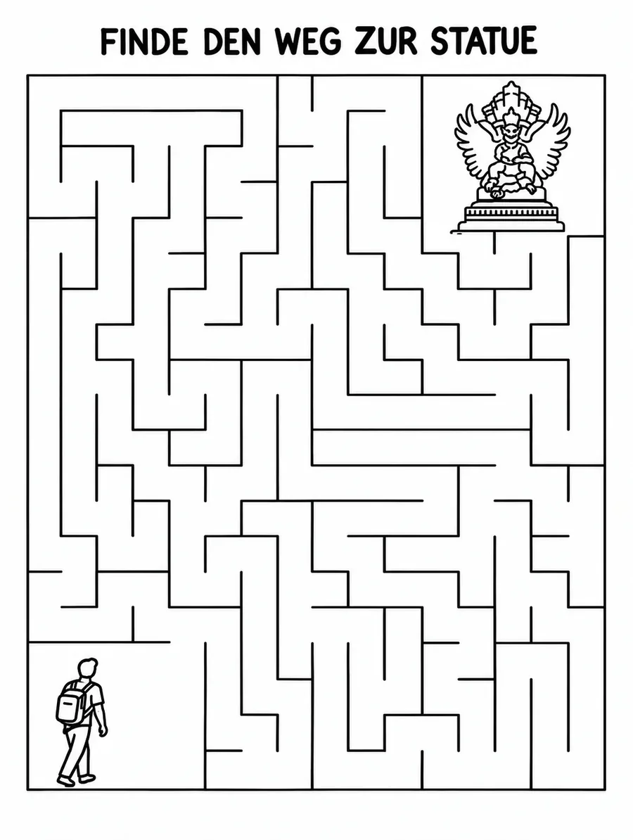 Eine Labyrinth-Seite zum Ausdrucken mit der Überschrift FINDE DEN WEG ZUR STATUE, unten links ein Wanderer mit Rucksack, oben rechts eine Statue