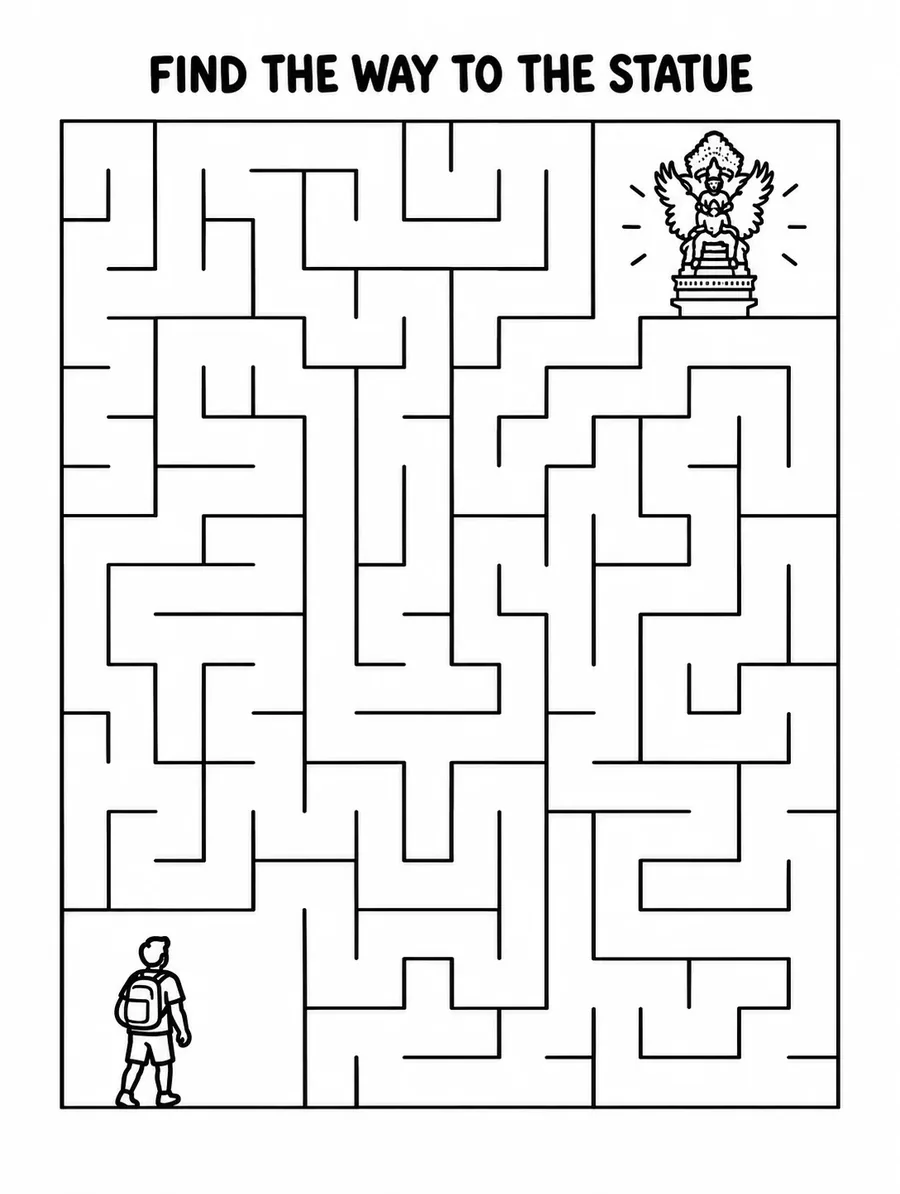 A printable maze page captioned FIND THE WAY TO THE STATUE, with a person wearing a backpack drawn in the bottom-left corner and a statue in the top-right