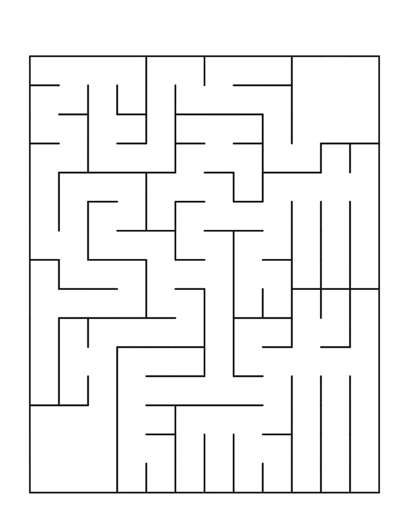 A blank maze page: a rectangular maze of thin black walls with an empty band above it and an empty square box in the bottom-left and top-right corners
