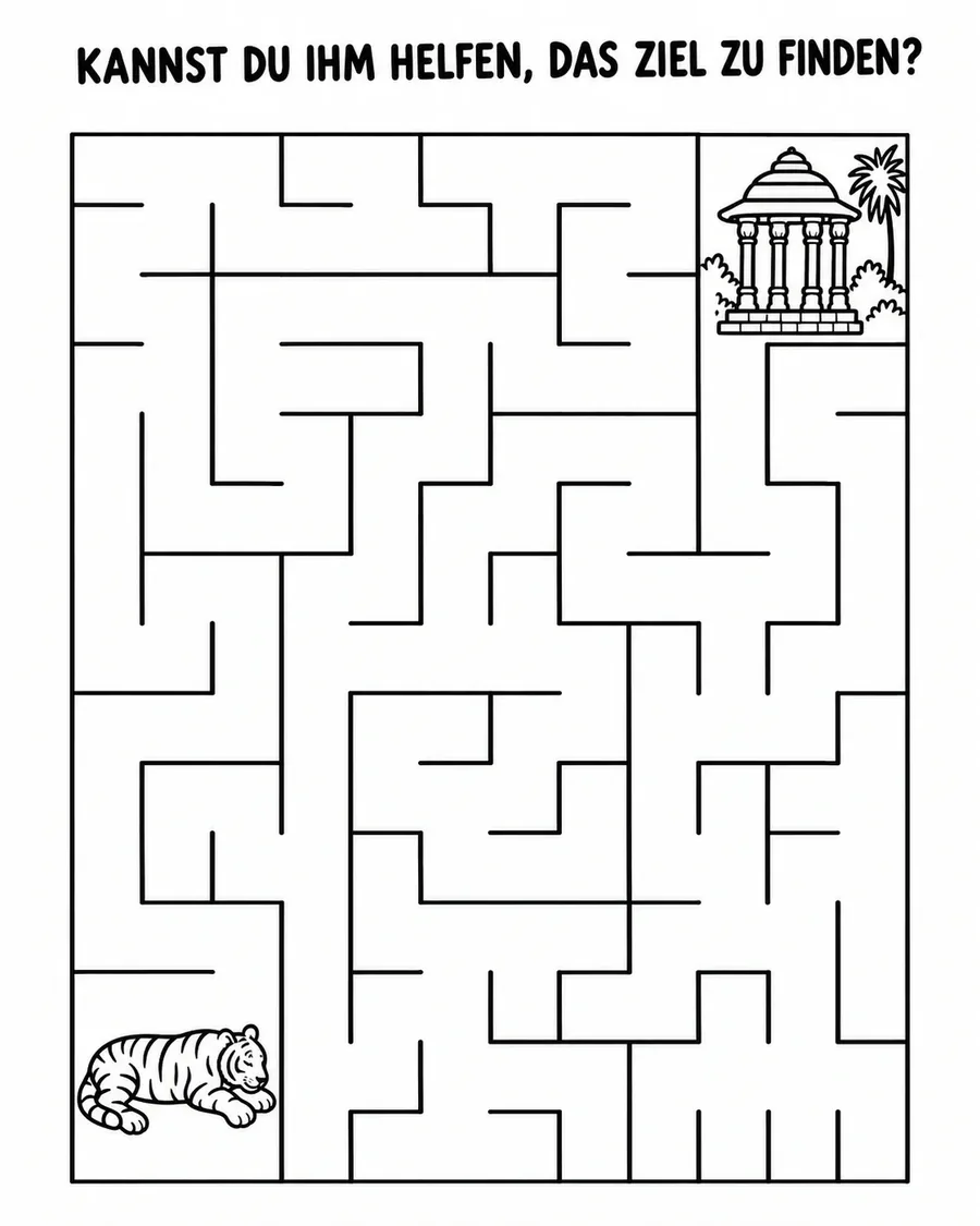 Eine Labyrinth-Seite zum Ausdrucken mit der Überschrift KANNST DU IHM HELFEN, DAS ZIEL ZU FINDEN?, unten links ein liegender Tiger, oben rechts ein Pavillon
