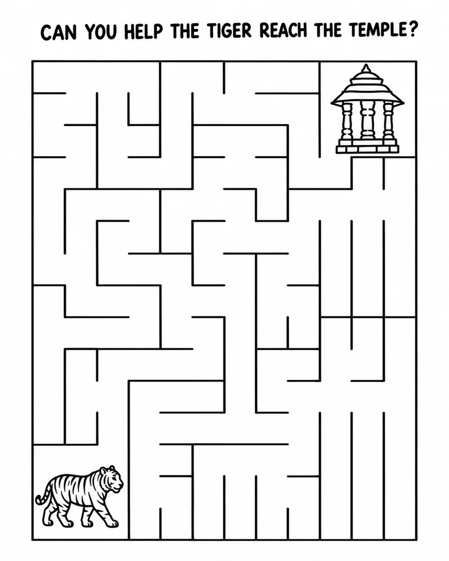 A printable maze page captioned CAN YOU HELP THE TIGER REACH THE TEMPLE?, with a tiger drawn in the bottom-left corner and a pavilion in the top-right