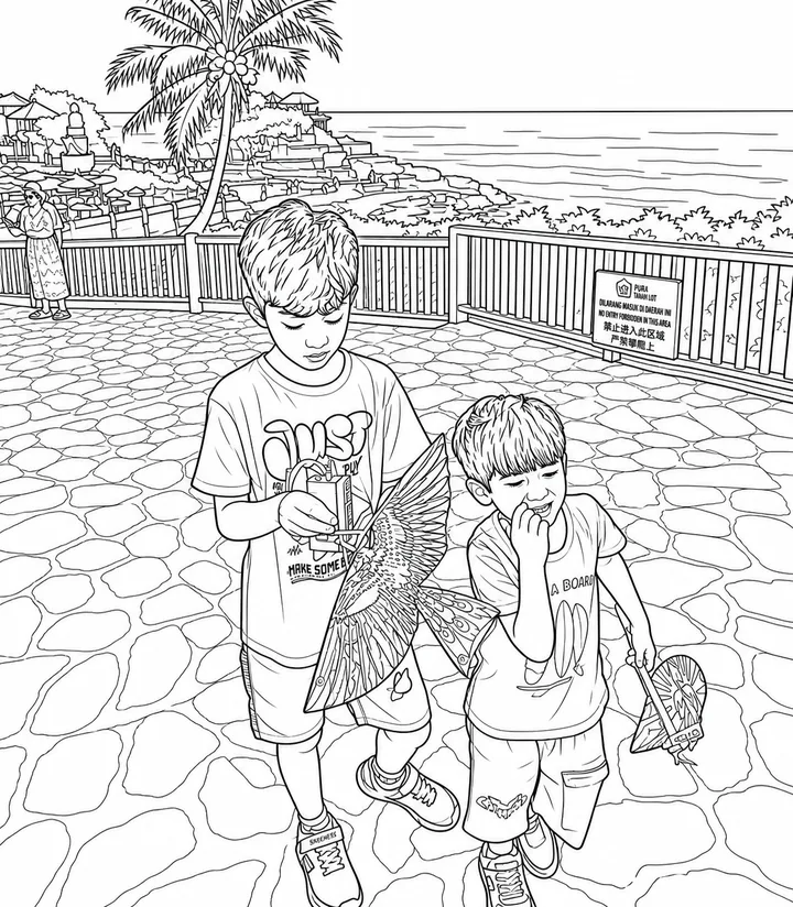 The same photo redrawn as a coloring-book line drawing