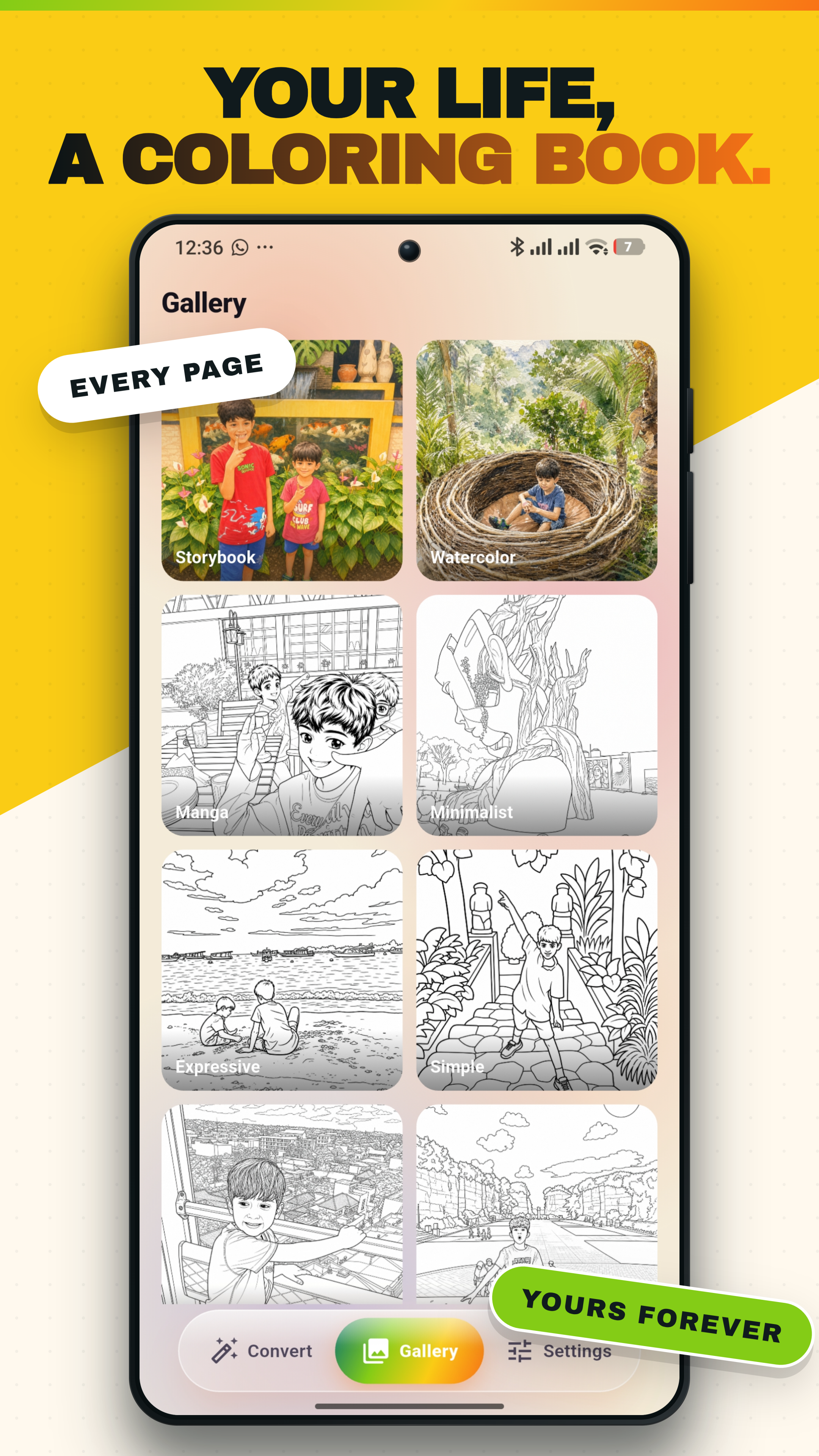 Lineora gallery screen showing a grid of sketches, each tagged with a style