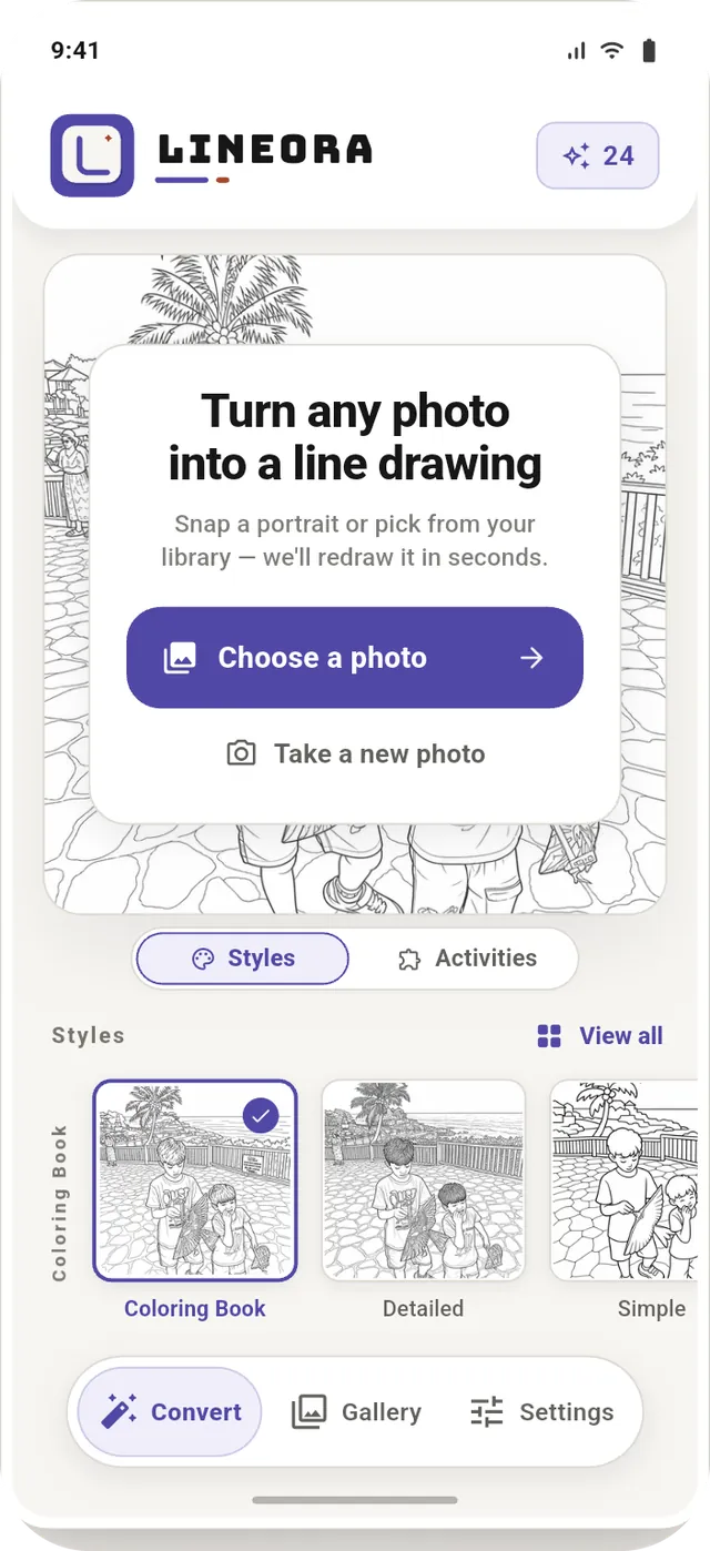 Lineora's home screen, offering to choose a photo or take a new one