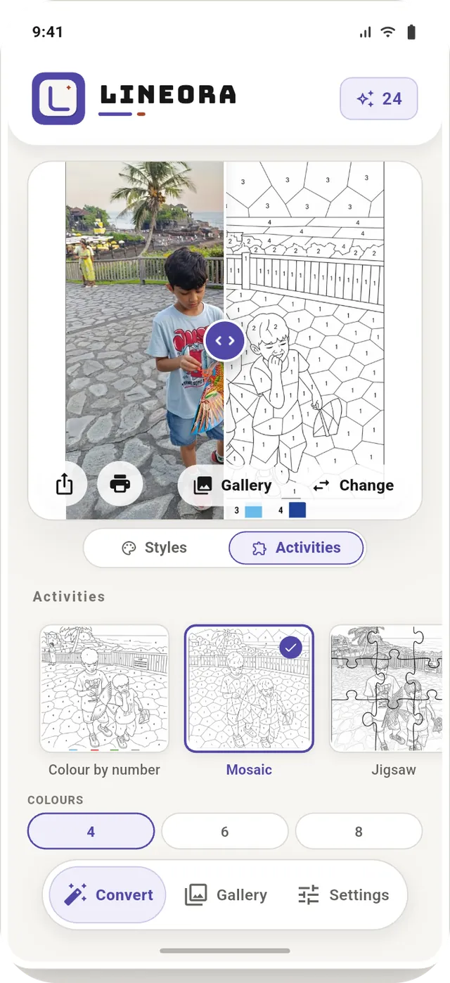 The activities picker, with color-by-number, mosaic and jigsaw and a row of color-count chips