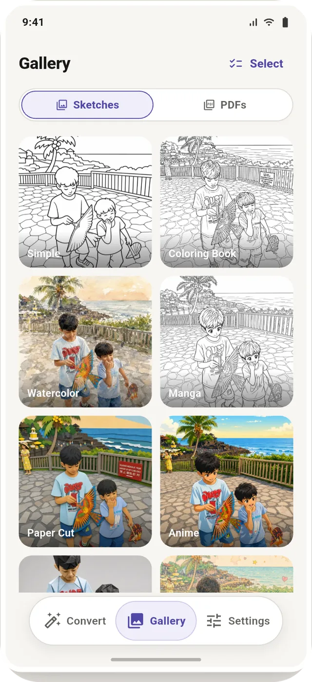 The Lineora gallery: a grid of drawings made from the same photo, each labelled with its style