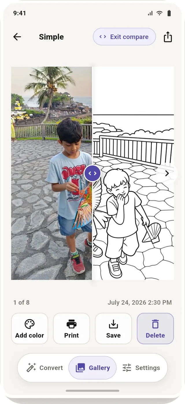 A finished drawing with a drag handle revealing the original photograph behind it