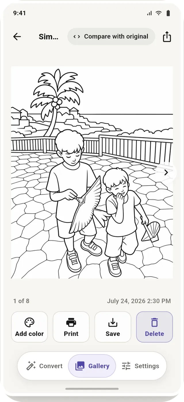 A finished line drawing with Add color, Print, Save and Delete actions beneath it