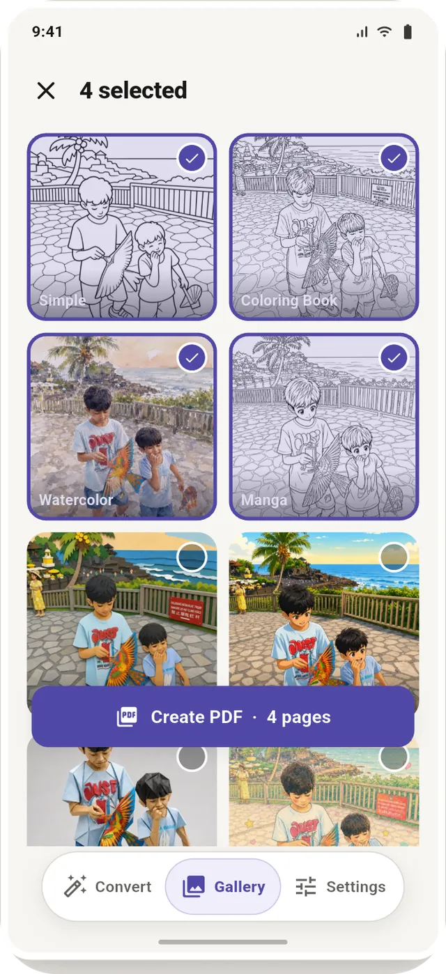 Four drawings selected in the gallery, with a Create PDF button showing four pages