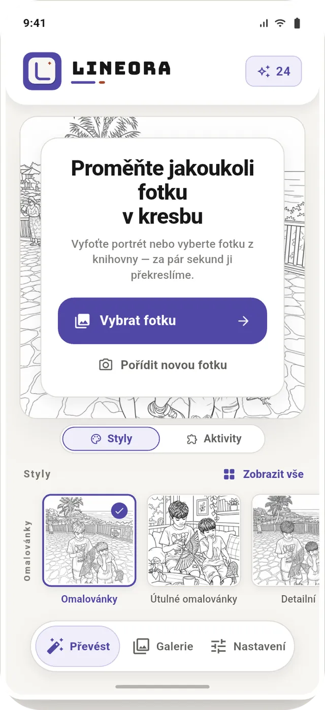 Úvodní obrazovka Lineora s výběrem fotky