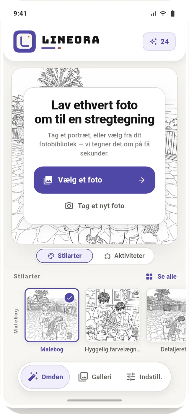 Lineoras startskærm med fotovalg
