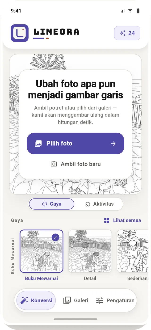 Beranda Lineora dengan pilihan memilih foto atau mengambil foto baru