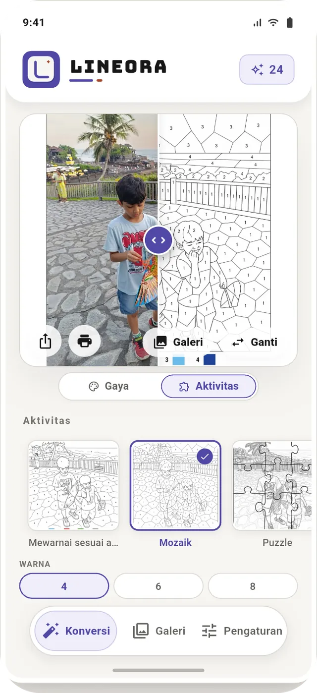 Pilihan mewarnai sesuai angka, mosaik, puzzle, dan jumlah warna