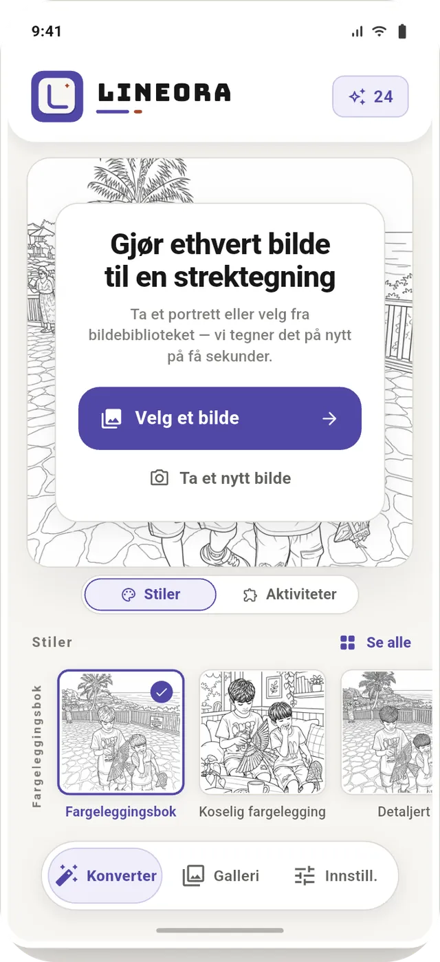 Lineoras startskjerm med bildevalg