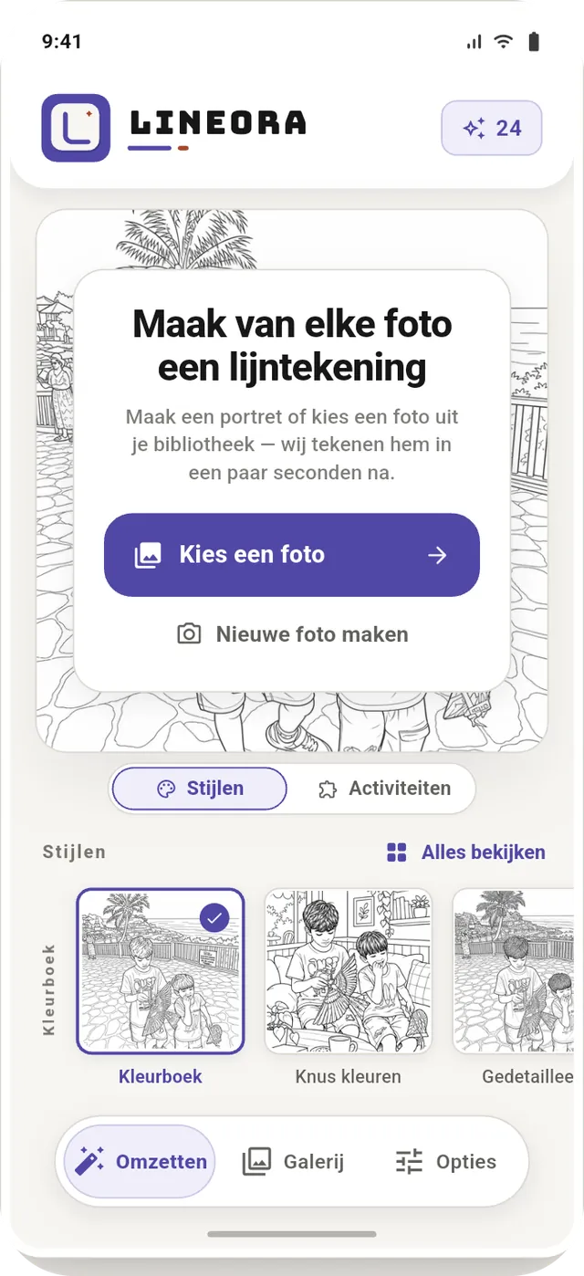 Startscherm van Lineora met fotokeuze
