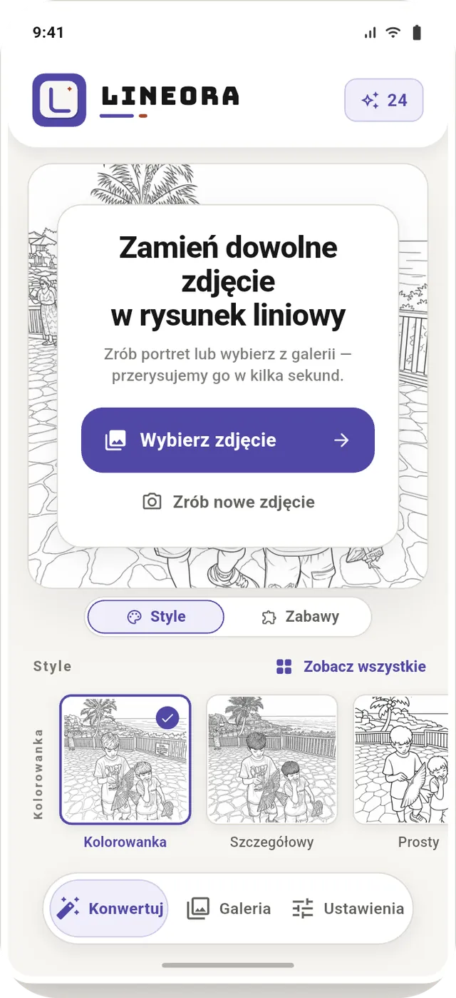 Ekran główny Lineora z wyborem zdjęcia lub zrobieniem nowego