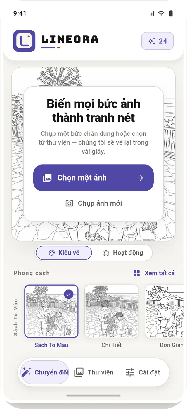 Trang chủ Lineora với lựa chọn chọn ảnh hoặc chụp ảnh mới