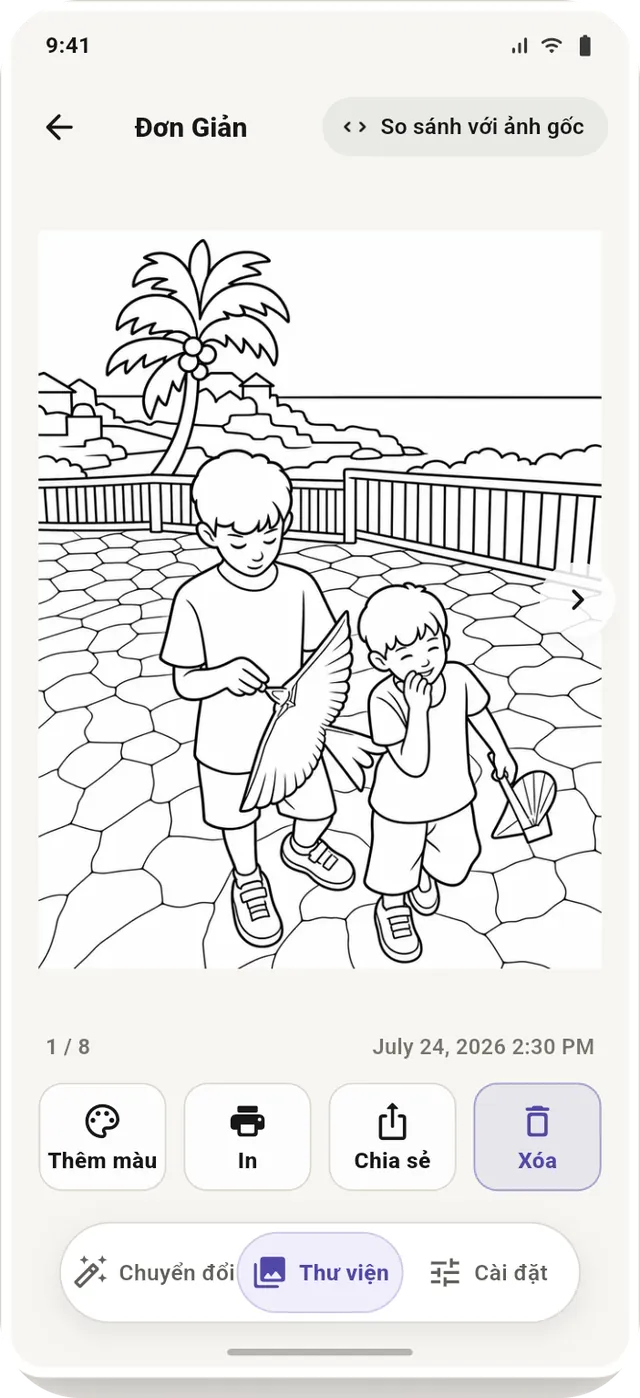 Tranh nét với các lựa chọn thêm màu, in, chia sẻ và xóa