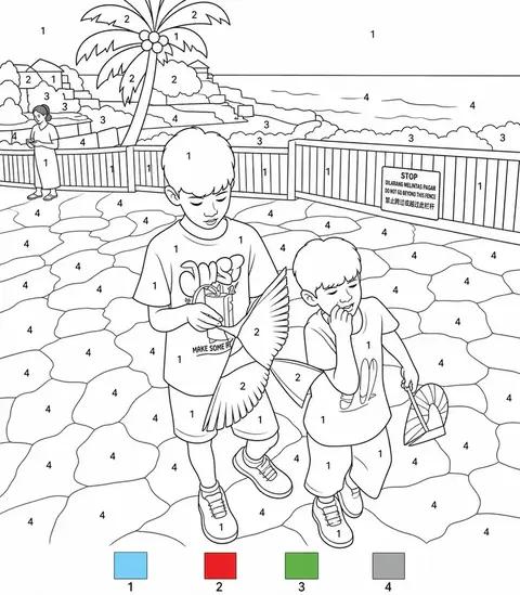 A color-by-number worksheet made from a holiday photo, each region numbered
