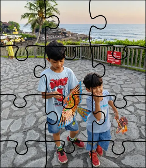 A jigsaw sheet: a holiday photo overlaid with cut lines