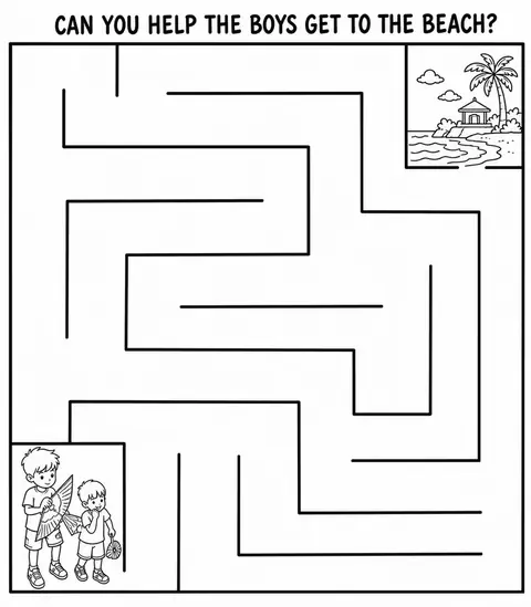 A printable maze drawn over a beach scene
