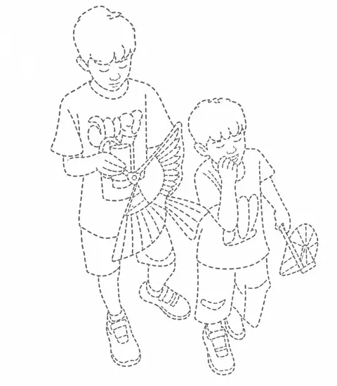 A tracing worksheet with dotted guide lines over the photo's shapes
