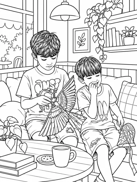 The same photograph of two children redrawn in Lineora's Cozy Coloring style
