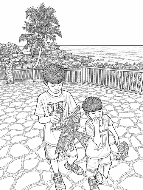 The same photograph of two children redrawn in Lineora's Detailed style