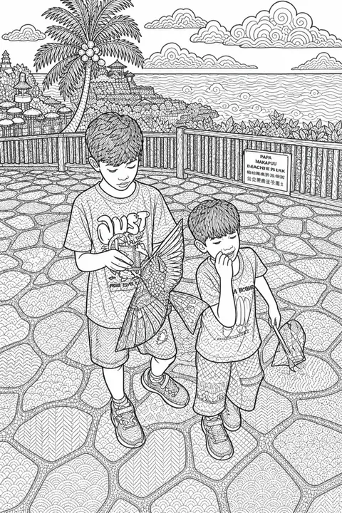The same photograph of two children redrawn in Lineora's Doodle Art style
