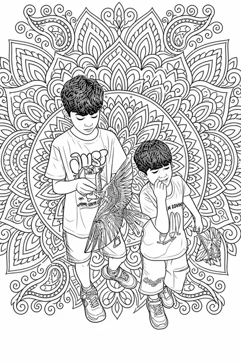 The same photograph of two children redrawn in Lineora's Mandala style