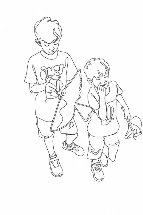 The same photograph of two children redrawn in Lineora's One Line style