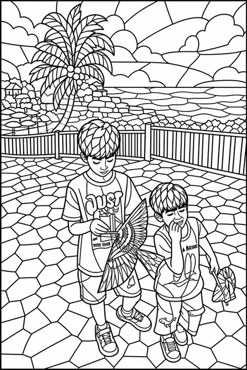 The same photograph of two children redrawn in Lineora's Stained Glass style