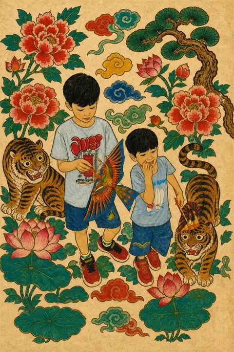 The same photograph of two children redrawn in Lineora's Minhwa style