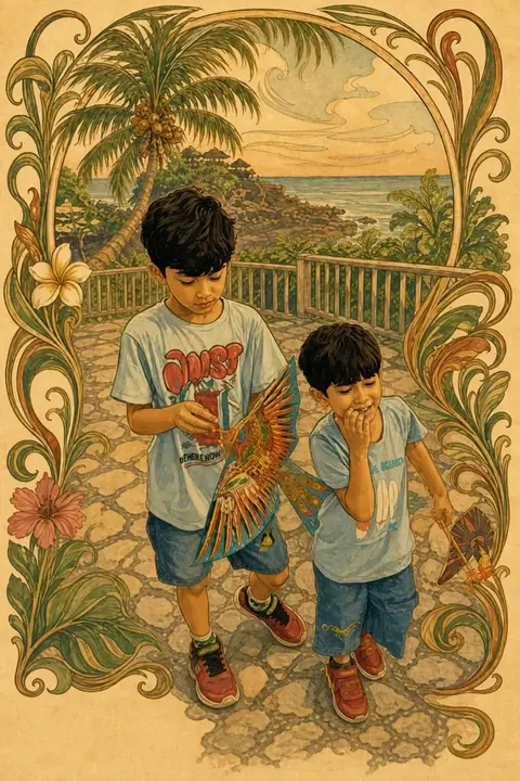 The same photograph of two children redrawn in Lineora's Art Nouveau style