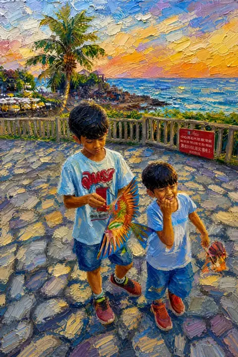 The same photograph of two children redrawn in Lineora's Oil Paint style