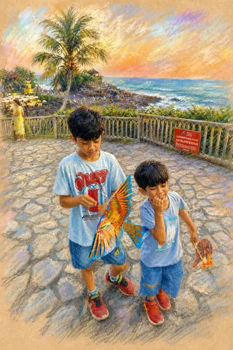 The same photograph of two children redrawn in Lineora's Soft Pastel style