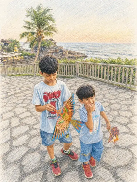 The same photograph of two children redrawn in Lineora's Pencil Color style