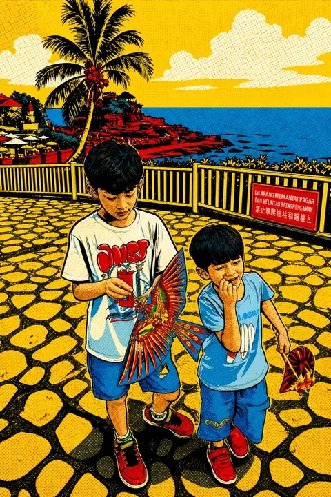 The same photograph of two children redrawn in Lineora's Pop Art style