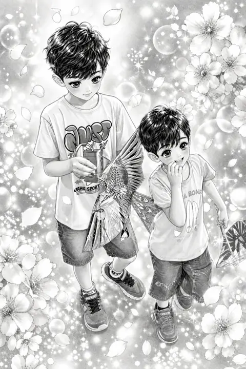 The same photograph of two children redrawn in Lineora's Shōjo Manga style