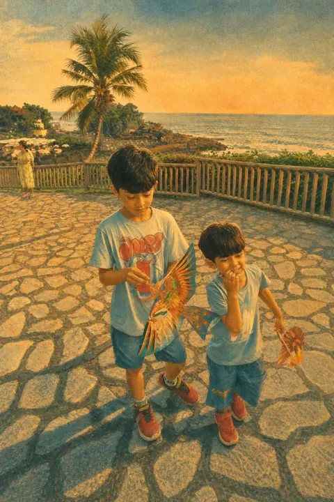 The same photograph of two children redrawn in Lineora's Shōwa Retro style