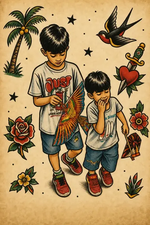 The same photograph of two children redrawn in Lineora's Tattoo Flash style