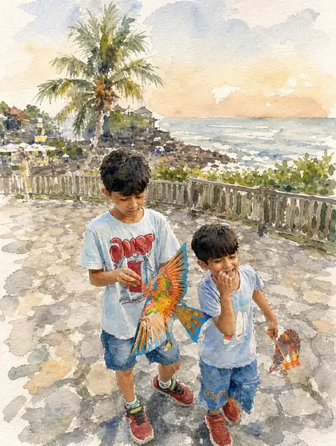 The same photograph of two children redrawn in Lineora's Watercolor style