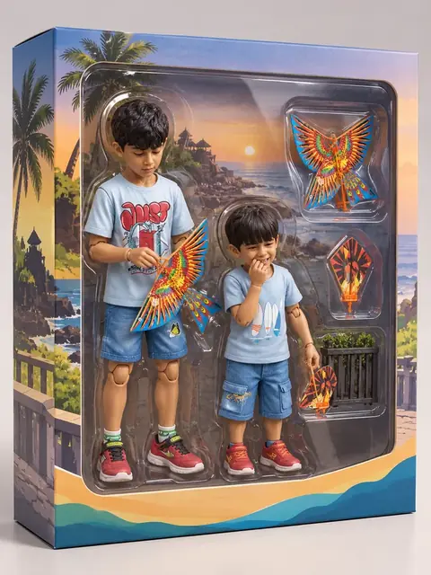 The same photograph of two children redrawn in Lineora's Collectible Figure style
