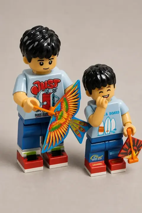 The same photograph of two children redrawn in Lineora's Brick Toy style