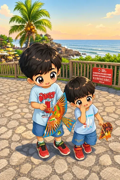 The same photograph of two children redrawn in Lineora's Chibi style