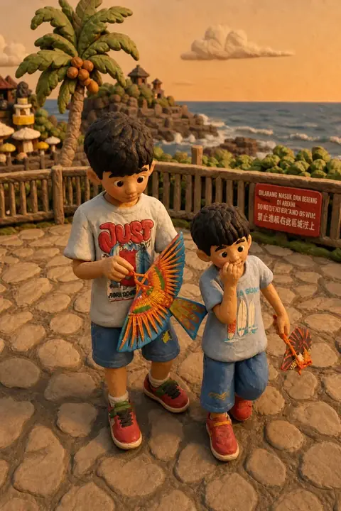 The same photograph of two children redrawn in Lineora's Claymation style