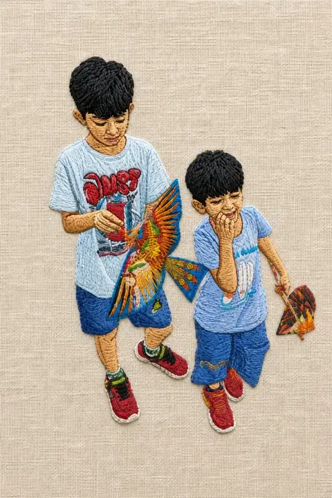 The same photograph of two children redrawn in Lineora's Embroidery style