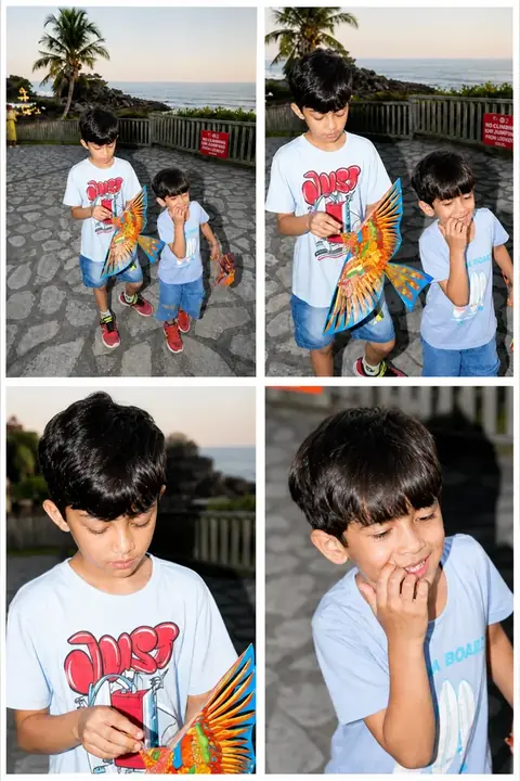 The same photograph of two children redrawn in Lineora's Four-Cut Photo style